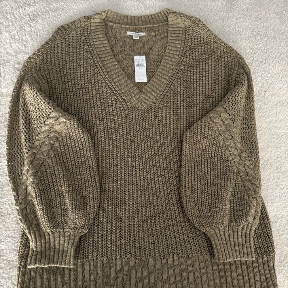 American Eagle Outfitters Tan V-Neck Sweater with Balloon Sleeves